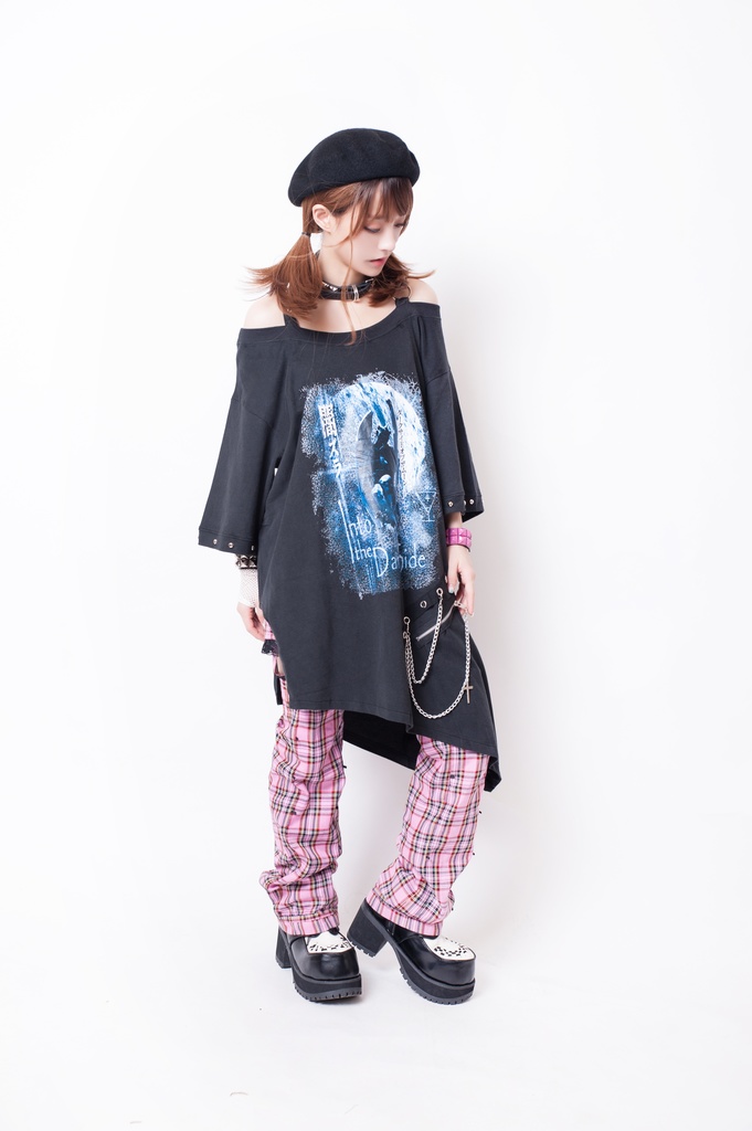 JillpunkオリジナルKERA メメントモリMemento moriガーゴイル悪魔聖堂ボートネックオフショルダーTシャツカットソー セクシーワンピースチェーン付きアシンメトリーチュニック メンズ レディー V系おしゃれ男女兼用ファッションゴシックカッコいい