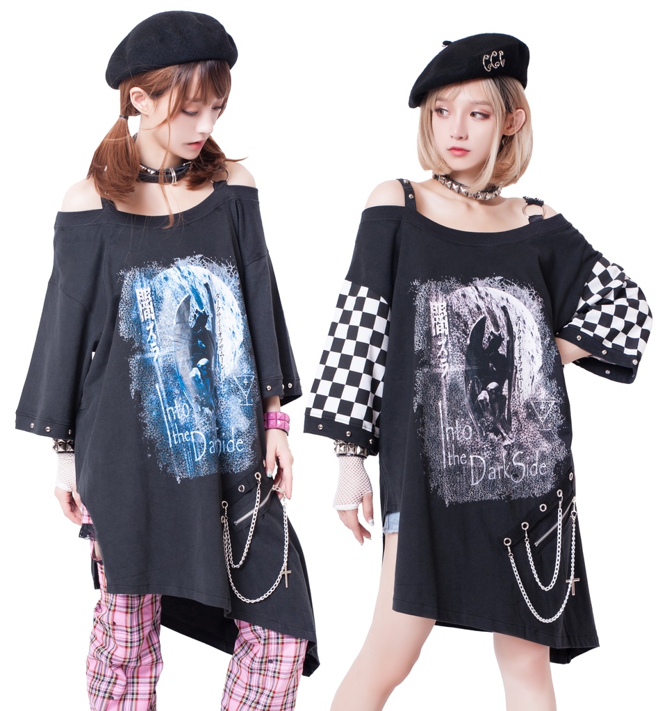 JillpunkオリジナルKERA メメントモリMemento moriガーゴイル悪魔聖堂ボートネックオフショルダーTシャツカットソー セクシーワンピースチェーン付きアシンメトリーチュニック メンズ レディー V系おしゃれ男女兼用ファッションゴシックカッコいい