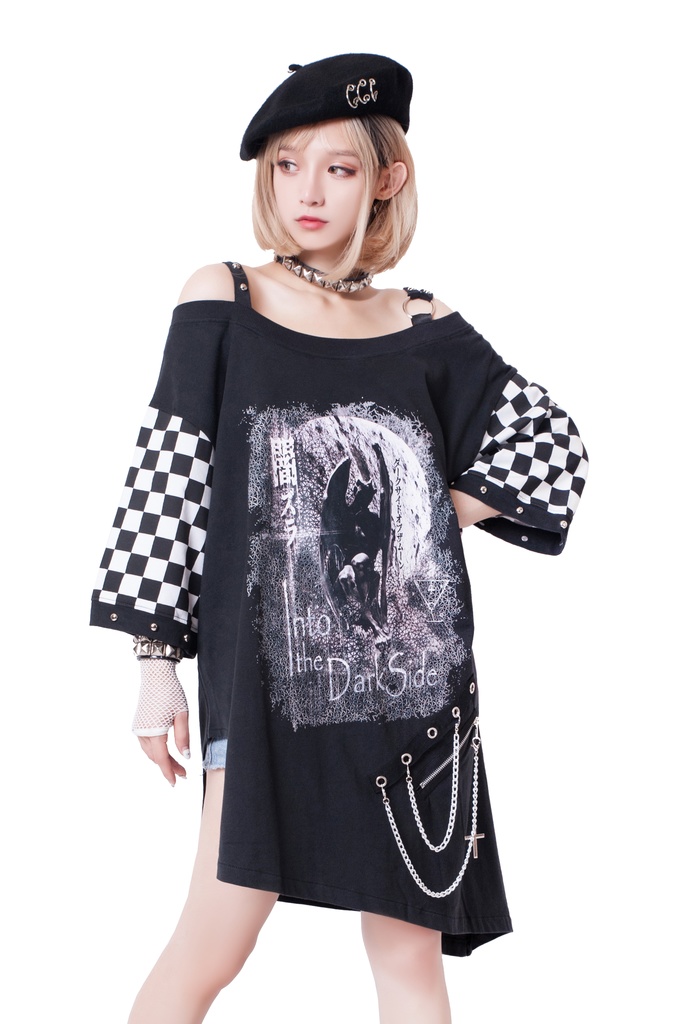 JillpunkオリジナルKERA メメントモリMemento moriガーゴイル悪魔聖堂ボートネックオフショルダーTシャツカットソー セクシーワンピースチェーン付きアシンメトリーチュニック メンズ レディー V系おしゃれ男女兼用ファッションゴシックカッコいい
