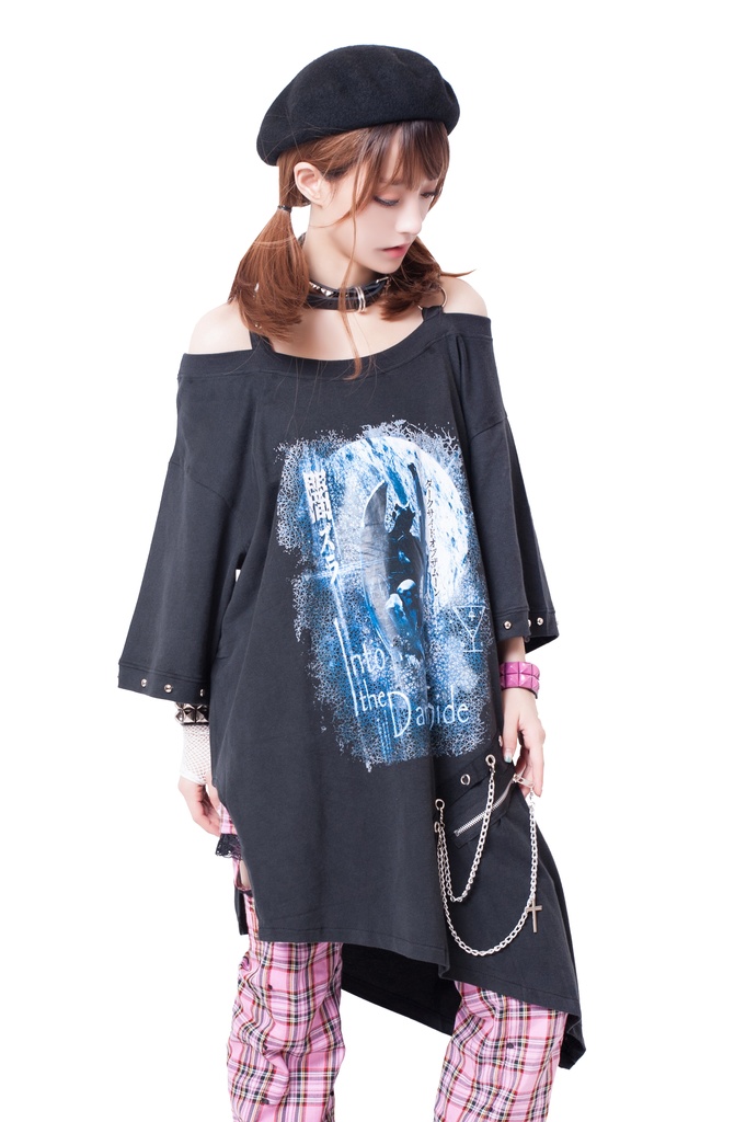 JillpunkオリジナルKERA メメントモリMemento moriガーゴイル悪魔聖堂ボートネックオフショルダーTシャツカットソー セクシーワンピースチェーン付きアシンメトリーチュニック メンズ レディー V系おしゃれ男女兼用ファッションゴシックカッコいい