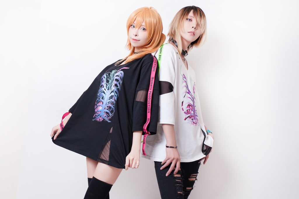 JillpunkオリジナルパンクKERA 吊るし人肋骨プリント漁網半袖蛍光ストラップVネックゆったりTシャツカットソー メンズ レディーズ おしゃれ男女兼用ファッション秋葉系カッコいい