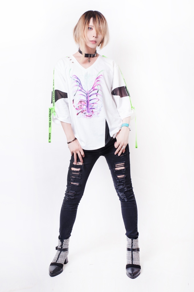 JillpunkオリジナルパンクKERA 吊るし人肋骨プリント漁網半袖蛍光ストラップVネックゆったりTシャツカットソー メンズ レディーズ おしゃれ男女兼用ファッション秋葉系カッコいい