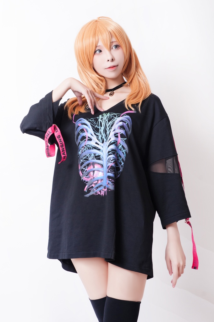 JillpunkオリジナルパンクKERA 吊るし人肋骨プリント漁網半袖蛍光ストラップVネックゆったりTシャツカットソー メンズ レディーズ おしゃれ男女兼用ファッション秋葉系カッコいい