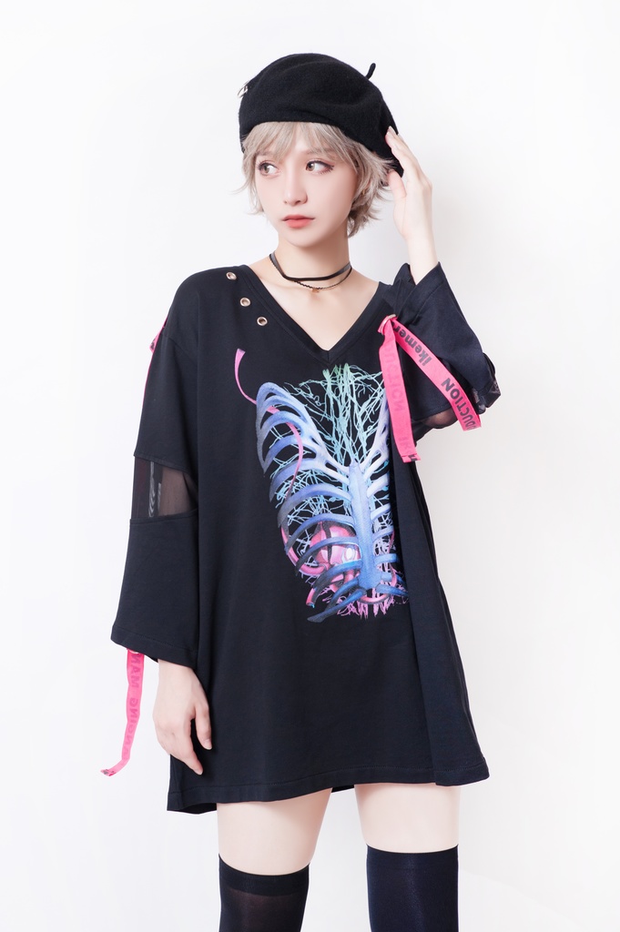 JillpunkオリジナルパンクKERA 吊るし人肋骨プリント漁網半袖蛍光ストラップVネックゆったりTシャツカットソー メンズ レディーズ おしゃれ男女兼用ファッション秋葉系カッコいい