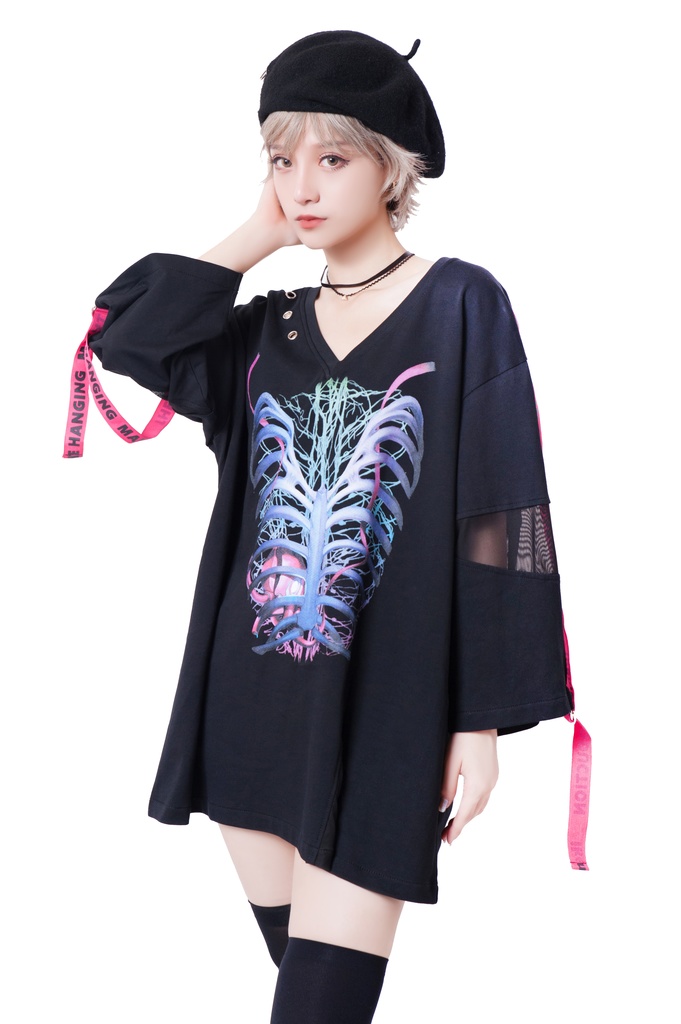 JillpunkオリジナルパンクKERA 吊るし人肋骨プリント漁網半袖蛍光ストラップVネックゆったりTシャツカットソー メンズ レディーズ おしゃれ男女兼用ファッション秋葉系カッコいい