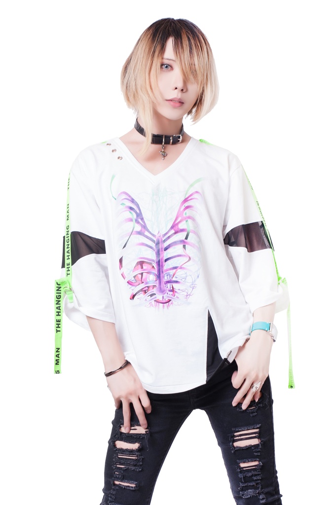 JillpunkオリジナルパンクKERA 吊るし人肋骨プリント漁網半袖蛍光ストラップVネックゆったりTシャツカットソー メンズ レディーズ おしゃれ男女兼用ファッション秋葉系カッコいい