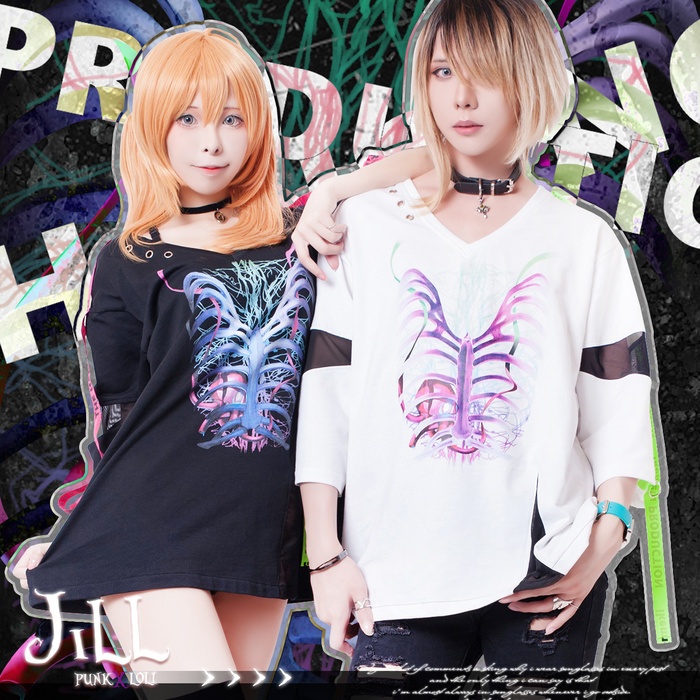 JillpunkオリジナルパンクKERA 吊るし人肋骨プリント漁網半袖蛍光ストラップVネックゆったりTシャツカットソー メンズ レディーズ おしゃれ男女兼用ファッション秋葉系カッコいい