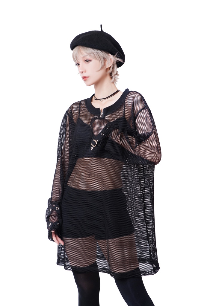 JillpunkオリジナルKERA 透け透けフィッシュネット魚網長袖ゆったりTシャツ セクシー五角星チャーム付き薄手カットソー メンズ レディー V系おしゃれ男女兼用ファッションゴシックカッコいいパンクロック