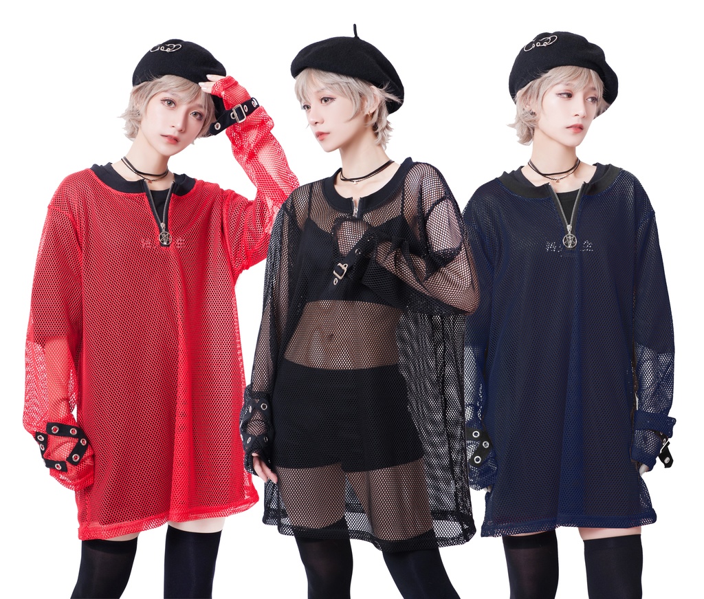 JillpunkオリジナルKERA 透け透けフィッシュネット魚網長袖ゆったりTシャツ セクシー五角星チャーム付き薄手カットソー メンズ レディー V系おしゃれ男女兼用ファッションゴシックカッコいいパンクロック