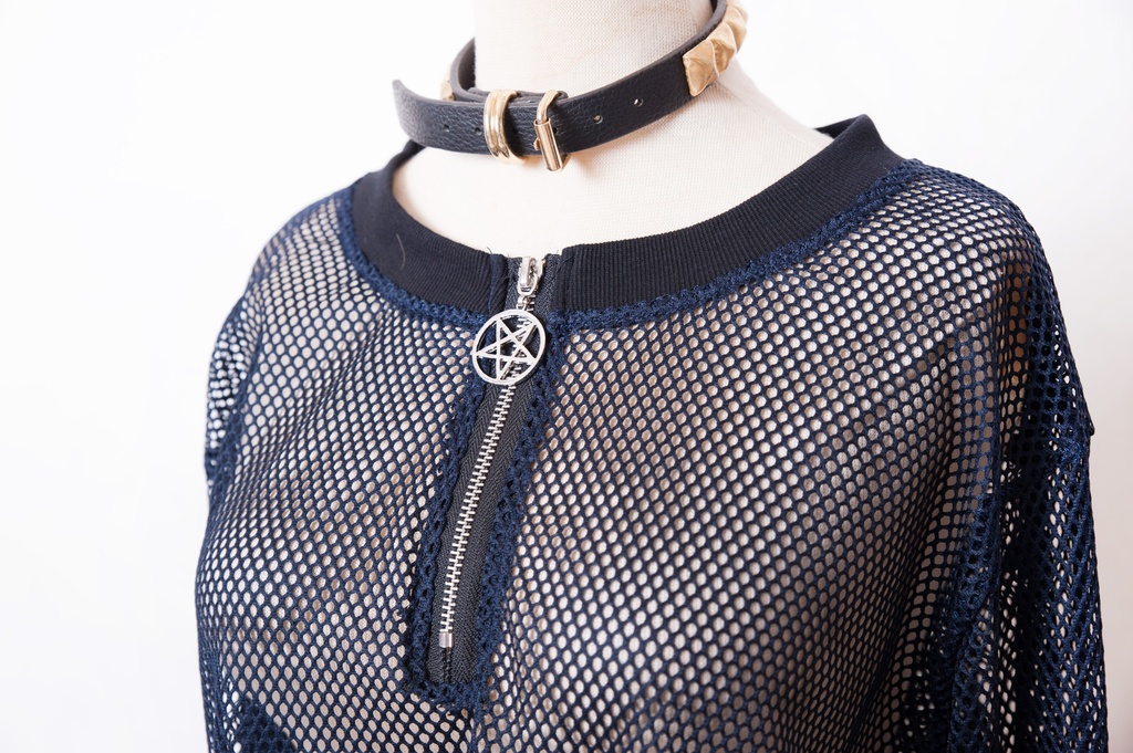 JillpunkオリジナルKERA 透け透けフィッシュネット魚網長袖ゆったりTシャツ セクシー五角星チャーム付き薄手カットソー メンズ レディー V系おしゃれ男女兼用ファッションゴシックカッコいいパンクロック