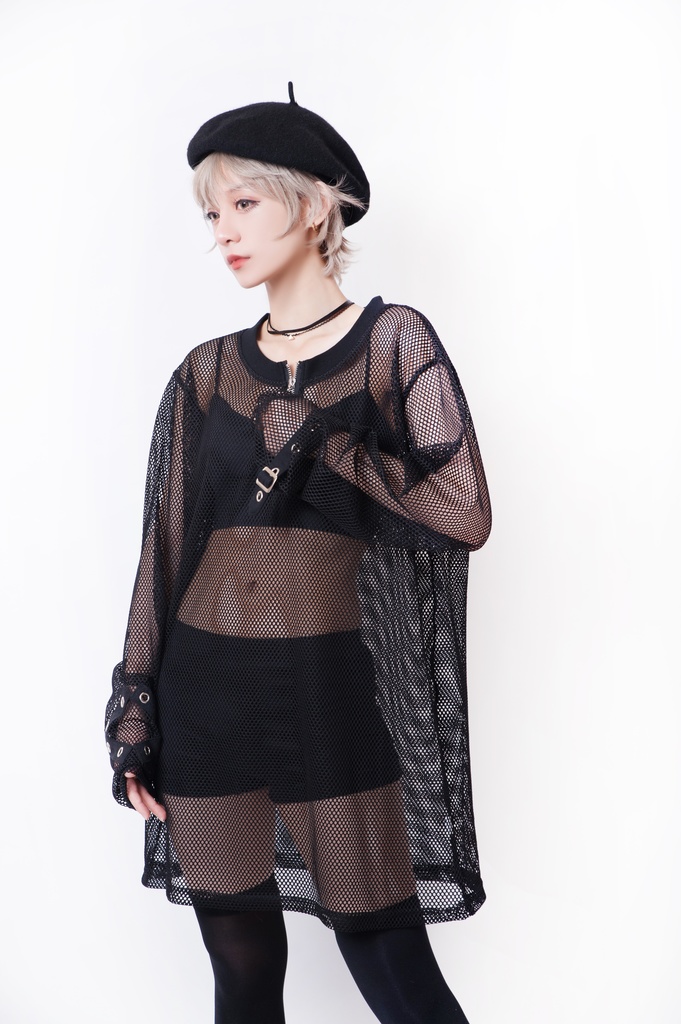 JillpunkオリジナルKERA 透け透けフィッシュネット魚網長袖ゆったりTシャツ セクシー五角星チャーム付き薄手カットソー メンズ レディー V系おしゃれ男女兼用ファッションゴシックカッコいいパンクロック