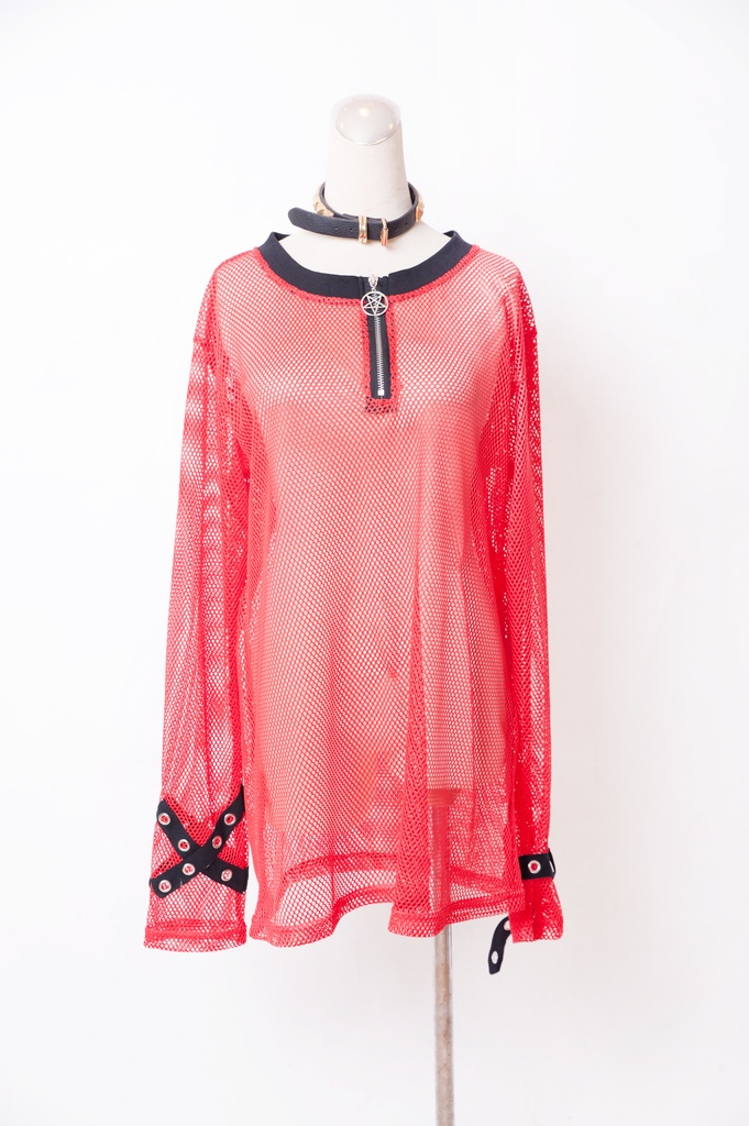 JillpunkオリジナルKERA 透け透けフィッシュネット魚網長袖ゆったりTシャツ セクシー五角星チャーム付き薄手カットソー メンズ レディー V系おしゃれ男女兼用ファッションゴシックカッコいいパンクロック