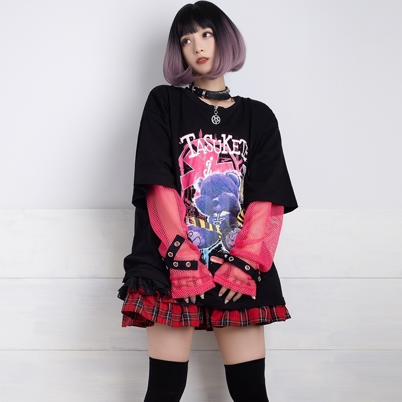 JillpunkオリジナルKERA 透け透けフィッシュネット魚網長袖ゆったりTシャツ セクシー五角星チャーム付き薄手カットソー メンズ レディー V系おしゃれ男女兼用ファッションゴシックカッコいいパンクロック