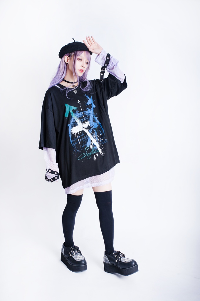 JillpunkオリジナルKERA 透け透けフィッシュネット魚網長袖ゆったりTシャツ セクシー五角星チャーム付き薄手カットソー メンズ レディー V系おしゃれ男女兼用ファッションゴシックカッコいいパンクロック