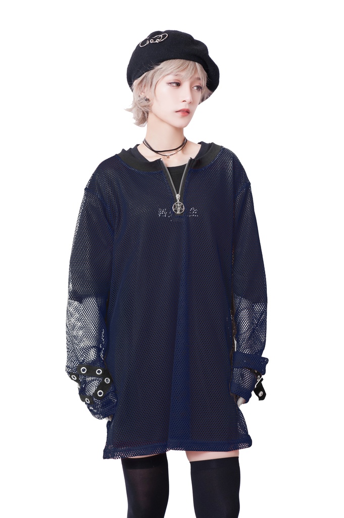 JillpunkオリジナルKERA 透け透けフィッシュネット魚網長袖ゆったりTシャツ セクシー五角星チャーム付き薄手カットソー メンズ レディー V系おしゃれ男女兼用ファッションゴシックカッコいいパンクロック