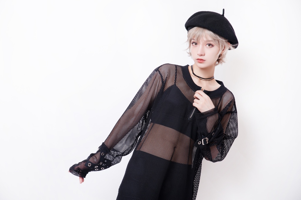 JillpunkオリジナルKERA 透け透けフィッシュネット魚網長袖ゆったりTシャツ セクシー五角星チャーム付き薄手カットソー メンズ レディー V系おしゃれ男女兼用ファッションゴシックカッコいいパンクロック