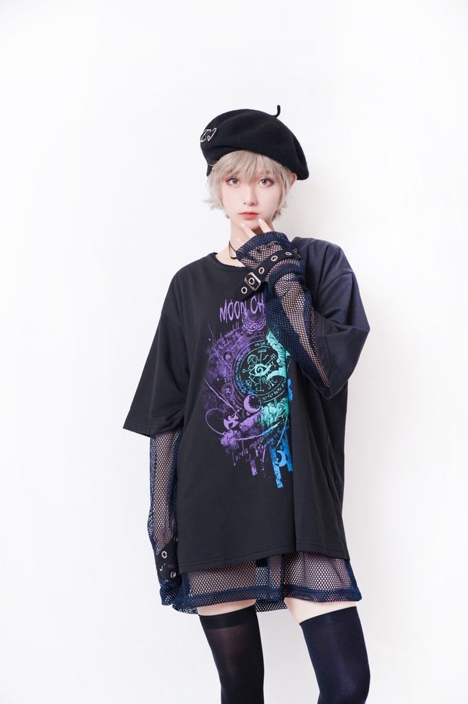 JillpunkオリジナルKERA 透け透けフィッシュネット魚網長袖ゆったりTシャツ セクシー五角星チャーム付き薄手カットソー メンズ レディー V系おしゃれ男女兼用ファッションゴシックカッコいいパンクロック