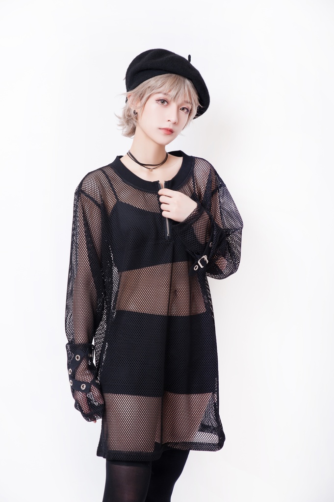 JillpunkオリジナルKERA 透け透けフィッシュネット魚網長袖ゆったりTシャツ セクシー五角星チャーム付き薄手カットソー メンズ レディー V系おしゃれ男女兼用ファッションゴシックカッコいいパンクロック