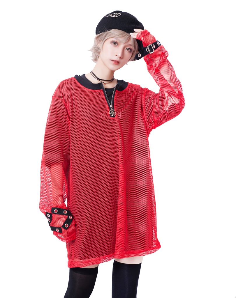 JillpunkオリジナルKERA 透け透けフィッシュネット魚網長袖ゆったりTシャツ セクシー五角星チャーム付き薄手カットソー メンズ レディー V系おしゃれ男女兼用ファッションゴシックカッコいいパンクロック