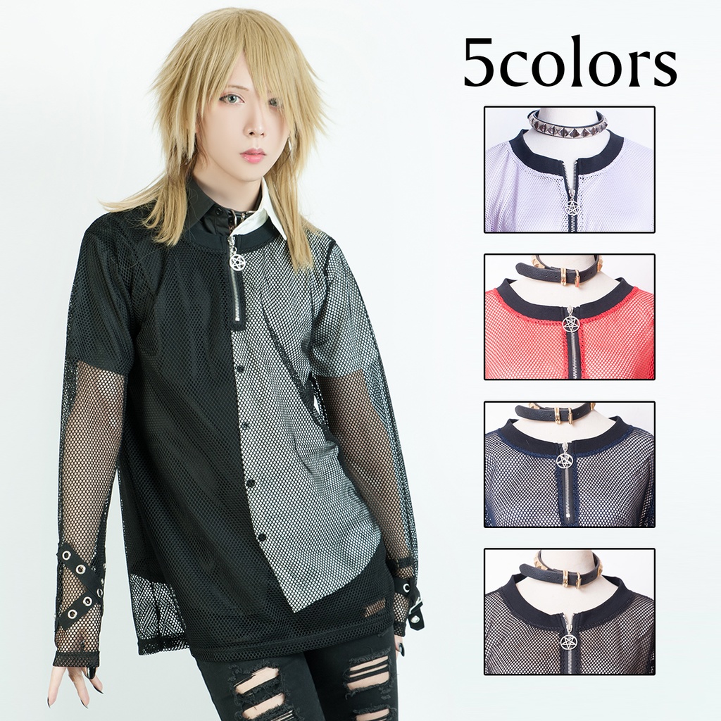 JillpunkオリジナルKERA 透け透けフィッシュネット魚網長袖ゆったりTシャツ セクシー五角星チャーム付き薄手カットソー メンズ レディー V系おしゃれ男女兼用ファッションゴシックカッコいいパンクロック