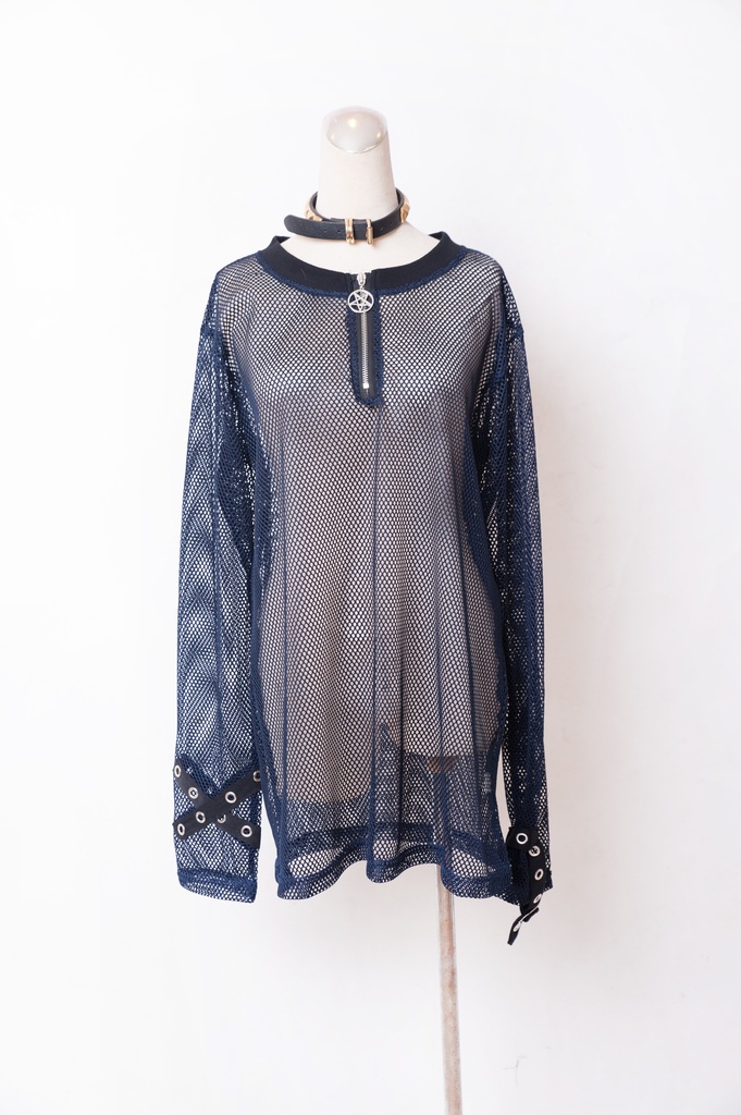 JillpunkオリジナルKERA 透け透けフィッシュネット魚網長袖ゆったりTシャツ セクシー五角星チャーム付き薄手カットソー メンズ レディー V系おしゃれ男女兼用ファッションゴシックカッコいいパンクロック