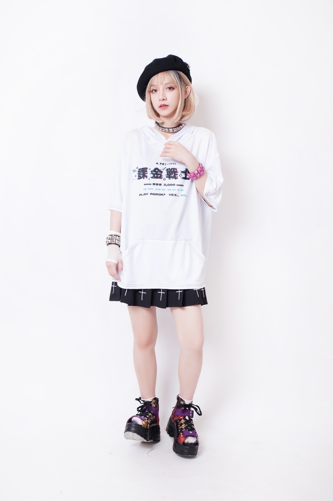 JillpunkオリジナルスタイルKERA 課金戦士神選使懐古レトロドット絵プリントゆったり半袖パーカー メンズ レディーズ おしゃれ男女兼用ファッション秋葉系カッコいい