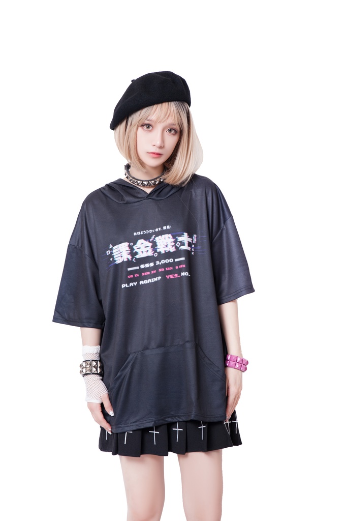 JillpunkオリジナルスタイルKERA 課金戦士神選使懐古レトロドット絵プリントゆったり半袖パーカー メンズ レディーズ おしゃれ男女兼用ファッション秋葉系カッコいい