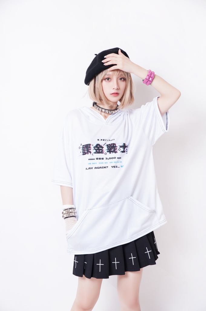 JillpunkオリジナルスタイルKERA 課金戦士神選使懐古レトロドット絵プリントゆったり半袖パーカー メンズ レディーズ おしゃれ男女兼用ファッション秋葉系カッコいい