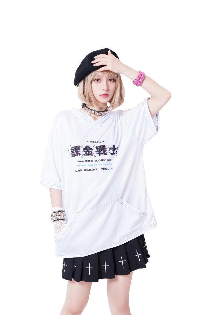 JillpunkオリジナルスタイルKERA 課金戦士神選使懐古レトロドット絵プリントゆったり半袖パーカー メンズ レディーズ おしゃれ男女兼用ファッション秋葉系カッコいい