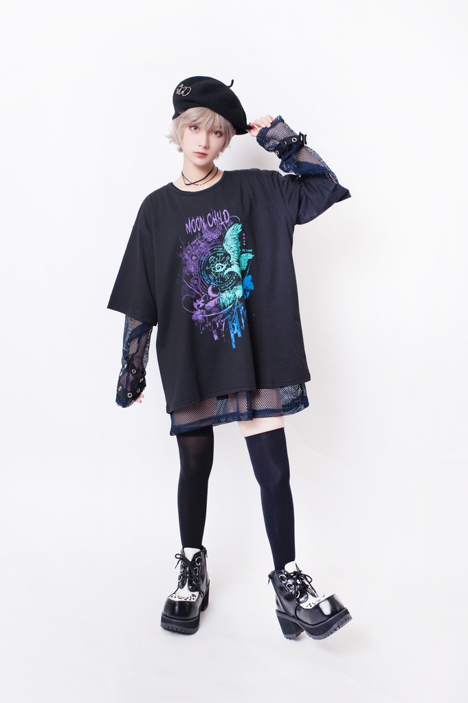 JillpunkオリジナルパンクKERA ムーンライト⋆哀歌朧な月影プリントゆったり半袖TシャツOversizeオーバーサイズ メンズ レディーズ おしゃれ男女兼用ファッション秋葉系カッコいい