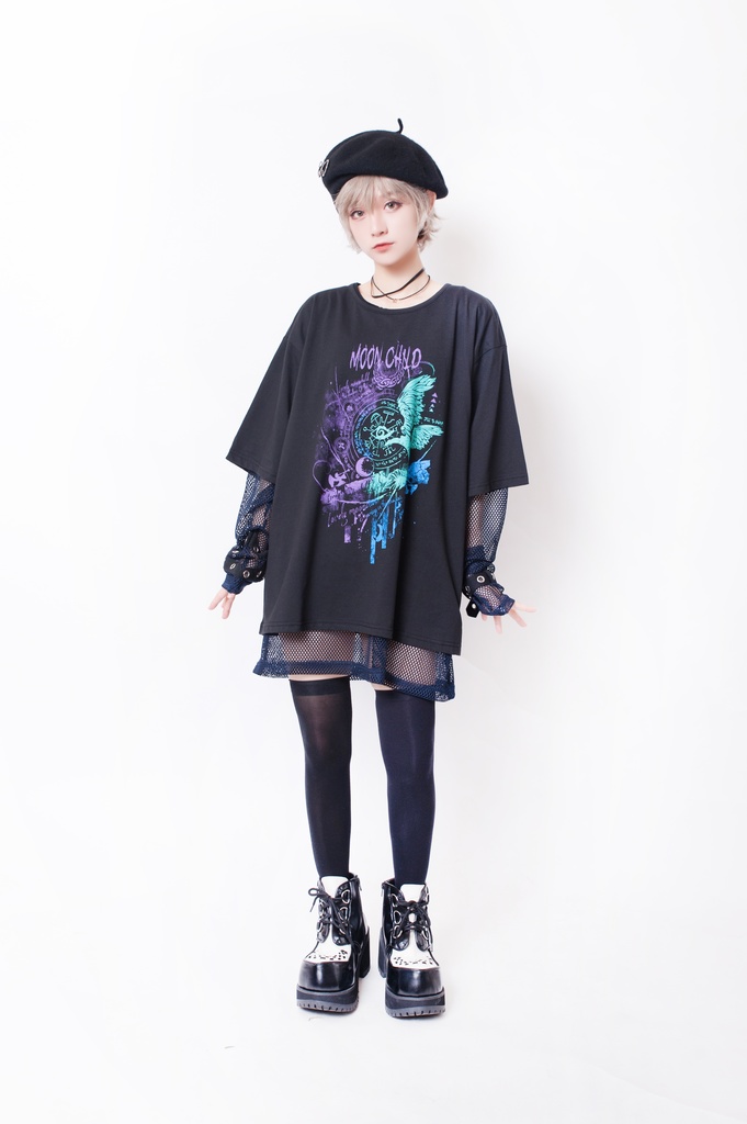 JillpunkオリジナルパンクKERA ムーンライト⋆哀歌朧な月影プリントゆったり半袖TシャツOversizeオーバーサイズ メンズ レディーズ おしゃれ男女兼用ファッション秋葉系カッコいい