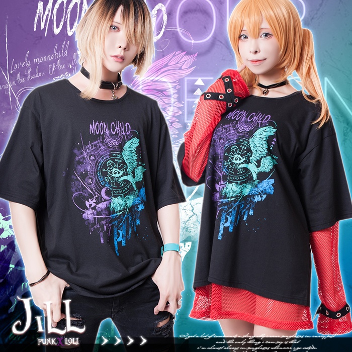 JillpunkオリジナルパンクKERA ムーンライト⋆哀歌朧な月影プリントゆったり半袖TシャツOversizeオーバーサイズ メンズ レディーズ おしゃれ男女兼用ファッション秋葉系カッコいい