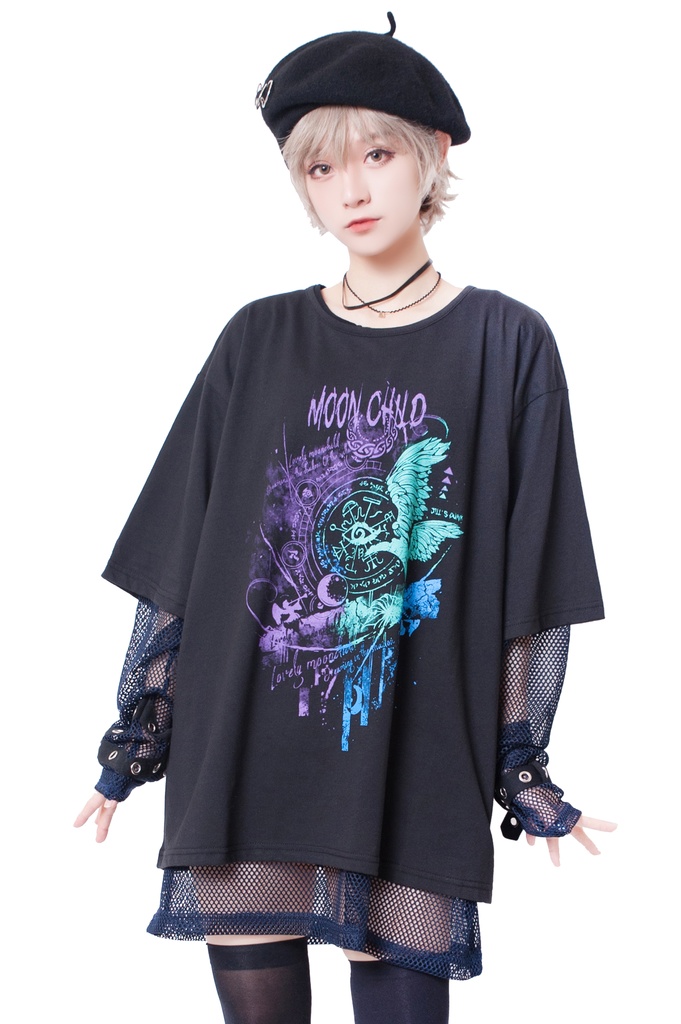 JillpunkオリジナルパンクKERA ムーンライト⋆哀歌朧な月影プリントゆったり半袖TシャツOversizeオーバーサイズ メンズ レディーズ おしゃれ男女兼用ファッション秋葉系カッコいい