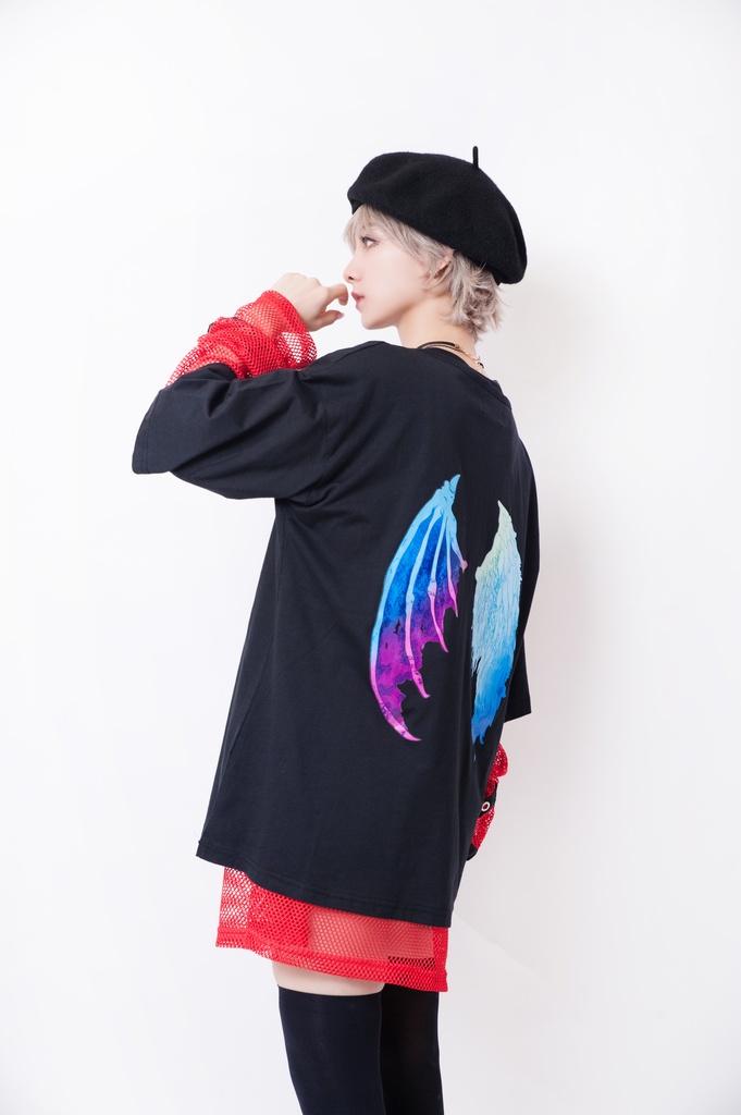 JillpunkオリジナルパンクKERA ルシファー堕天使翼運命の子羽根翼プリントゆったり半袖TシャツOversizeオーバーサイズ メンズ レディーズ おしゃれ男女兼用ファッション秋葉系カッコいい