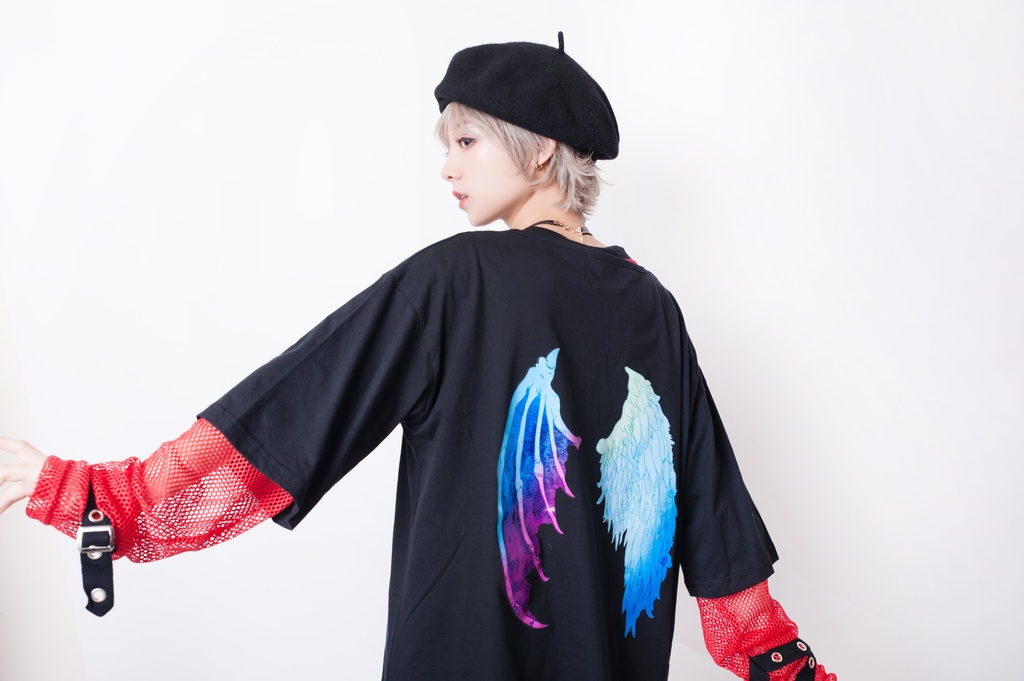 JillpunkオリジナルパンクKERA ルシファー堕天使翼運命の子羽根翼プリントゆったり半袖TシャツOversizeオーバーサイズ メンズ レディーズ おしゃれ男女兼用ファッション秋葉系カッコいい