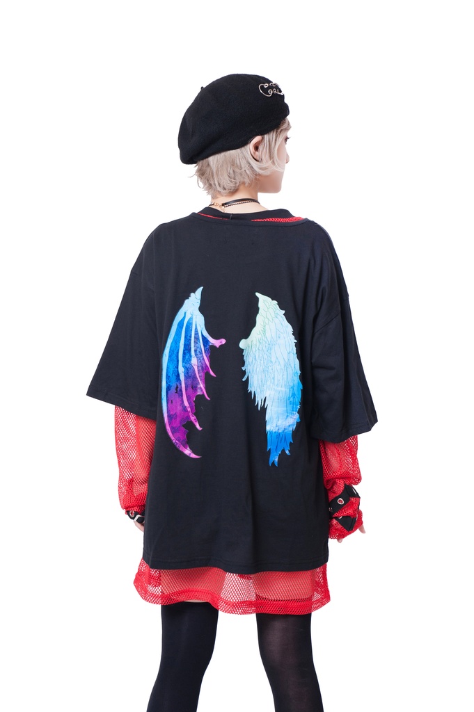JillpunkオリジナルパンクKERA ルシファー堕天使翼運命の子羽根翼プリントゆったり半袖TシャツOversizeオーバーサイズ メンズ レディーズ おしゃれ男女兼用ファッション秋葉系カッコいい