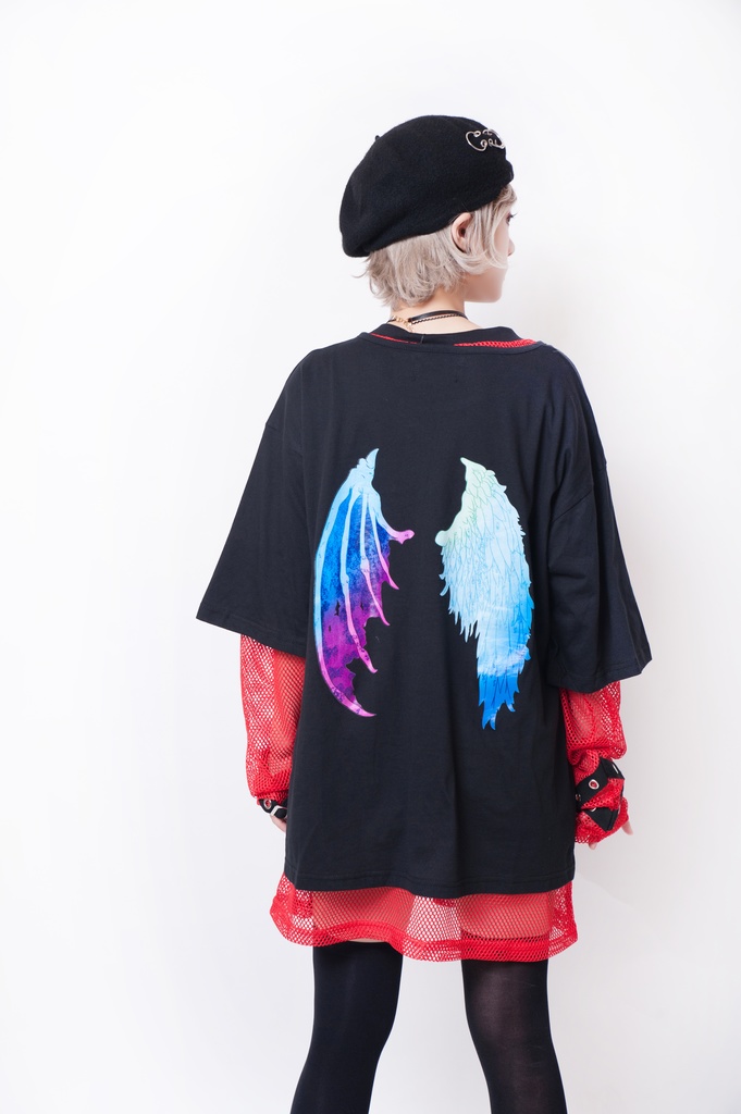 JillpunkオリジナルパンクKERA ルシファー堕天使翼運命の子羽根翼プリントゆったり半袖TシャツOversizeオーバーサイズ メンズ レディーズ おしゃれ男女兼用ファッション秋葉系カッコいい