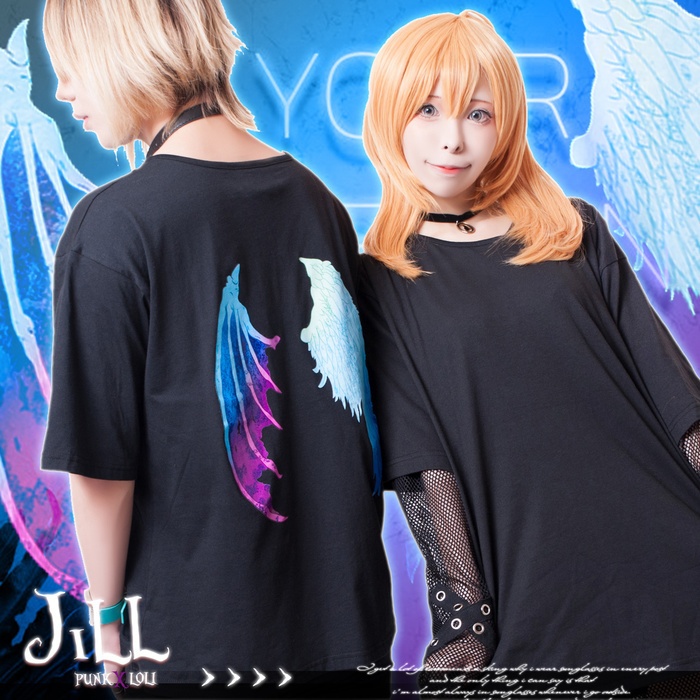 JillpunkオリジナルパンクKERA ルシファー堕天使翼運命の子羽根翼プリントゆったり半袖TシャツOversizeオーバーサイズ メンズ レディーズ おしゃれ男女兼用ファッション秋葉系カッコいい