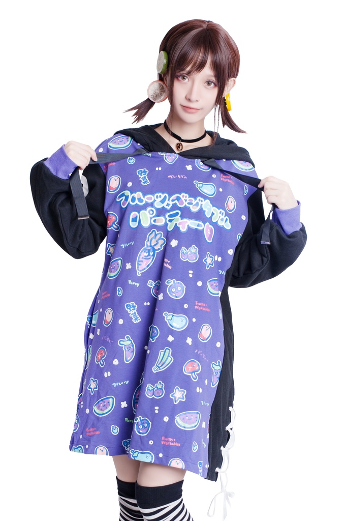 JillpunkオリジナルスタイルKERA フルーツベジたべるパーティー野菜熊熊耳マスコットプリントゆったり長袖パーカー メンズ レディーズ おしゃれ男女兼用ファッション秋葉系可愛い萌え