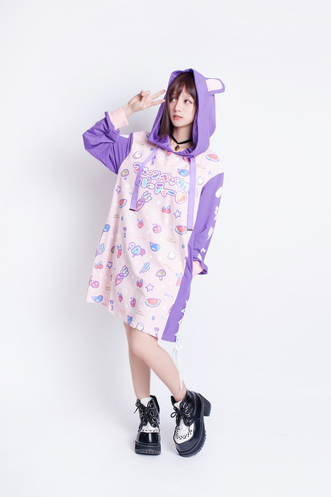 JillpunkオリジナルスタイルKERA フルーツベジたべるパーティー野菜熊熊耳マスコットプリントゆったり長袖パーカー メンズ レディーズ おしゃれ男女兼用ファッション秋葉系可愛い萌え