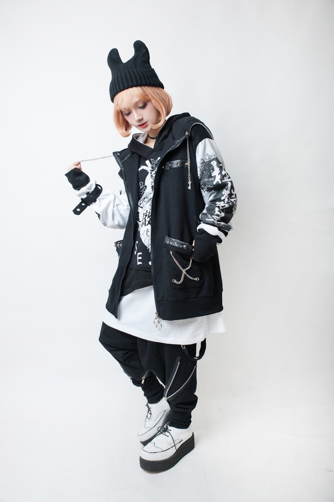 JillpunkオリジナルパンクKERA 天の楔地の鎖鍵チャーム飾りチェーンパーカージャケット メンズ レディー V系 おしゃれ大きいサイズ男女兼用ヒップホップ