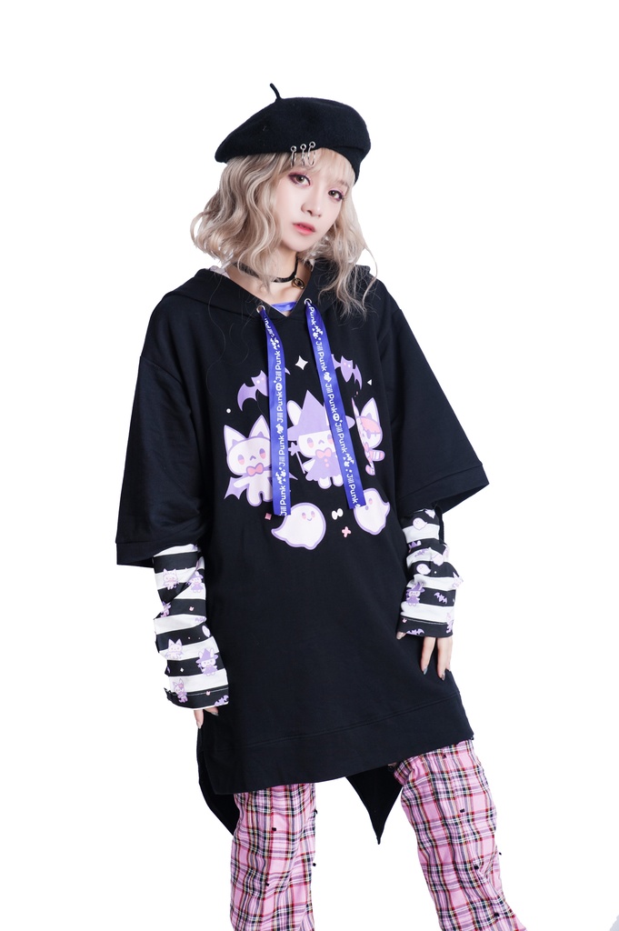 JillpunkオリジナルKERA ハロウィン子猫の魔女ウィッチフードアームカバー付き七分袖燕尾ゆったりパーカー メンズ レディー V系 可愛いおしゃれ大きいサイズ男女兼用ファッション秋葉系萌え二次コンHALLOWEEN