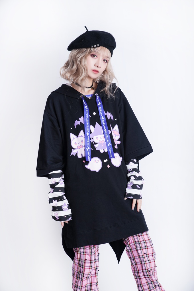 JillpunkオリジナルKERA ハロウィン子猫の魔女ウィッチフードアームカバー付き七分袖燕尾ゆったりパーカー メンズ レディー V系 可愛いおしゃれ大きいサイズ男女兼用ファッション秋葉系萌え二次コンHALLOWEEN
