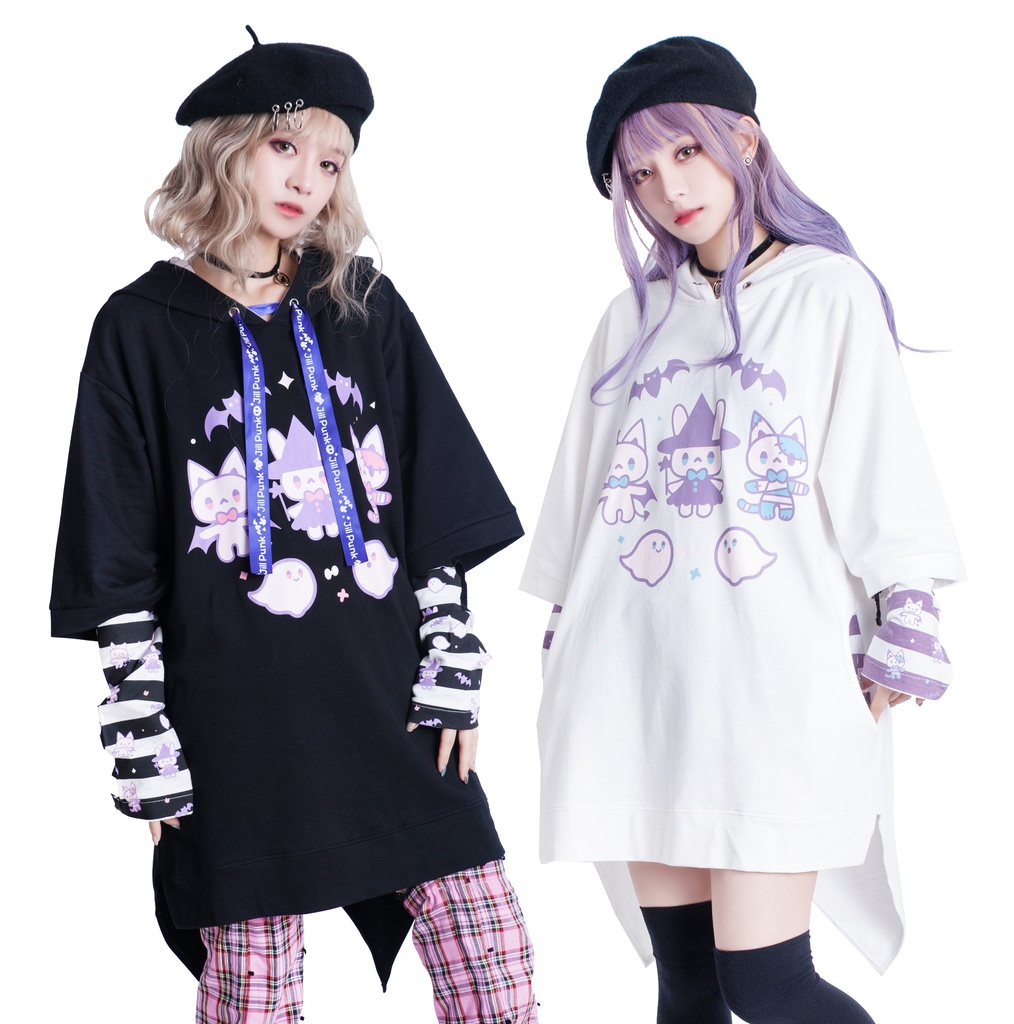 JillpunkオリジナルKERA ハロウィン子猫の魔女ウィッチフードアームカバー付き七分袖燕尾ゆったりパーカー メンズ レディー V系 可愛いおしゃれ大きいサイズ男女兼用ファッション秋葉系萌え二次コンHALLOWEEN