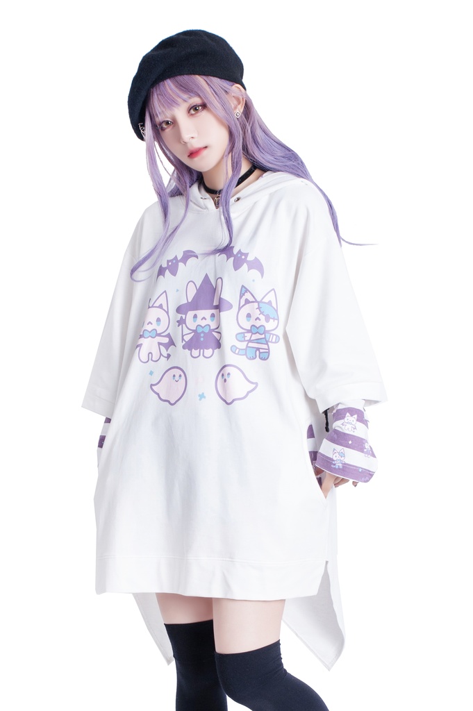 JillpunkオリジナルKERA ハロウィン子猫の魔女ウィッチフードアームカバー付き七分袖燕尾ゆったりパーカー メンズ レディー V系 可愛いおしゃれ大きいサイズ男女兼用ファッション秋葉系萌え二次コンHALLOWEEN