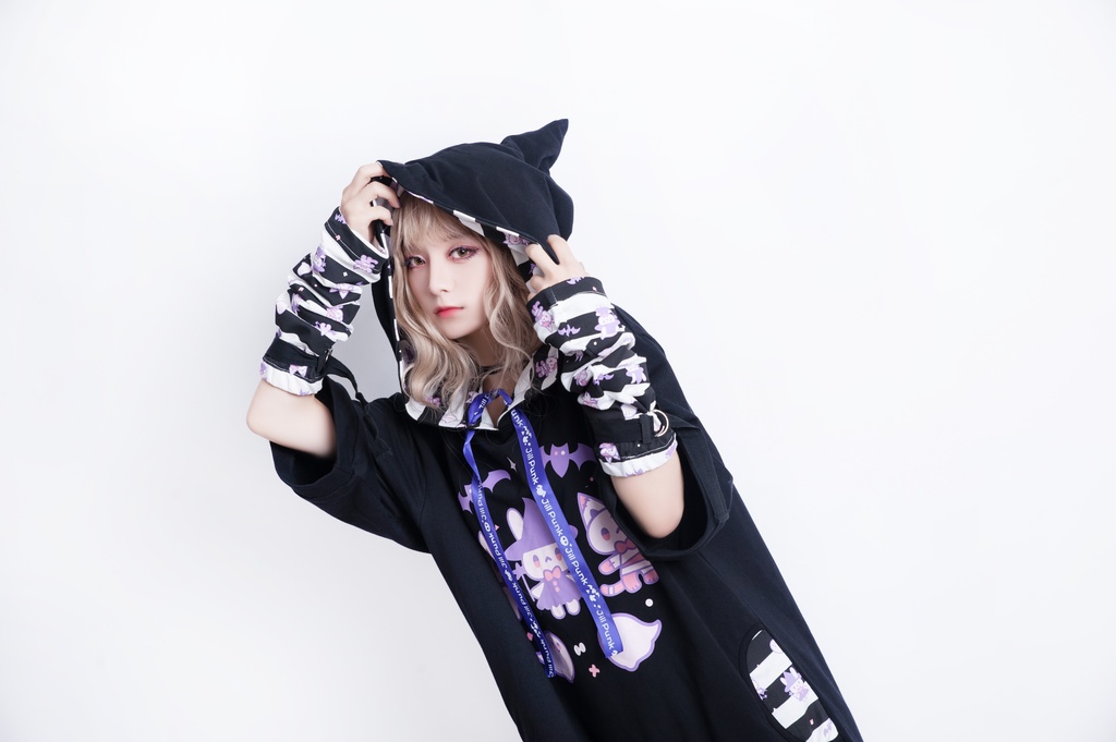 JillpunkオリジナルKERA ハロウィン子猫の魔女ウィッチフードアームカバー付き七分袖燕尾ゆったりパーカー メンズ レディー V系 可愛いおしゃれ大きいサイズ男女兼用ファッション秋葉系萌え二次コンHALLOWEEN