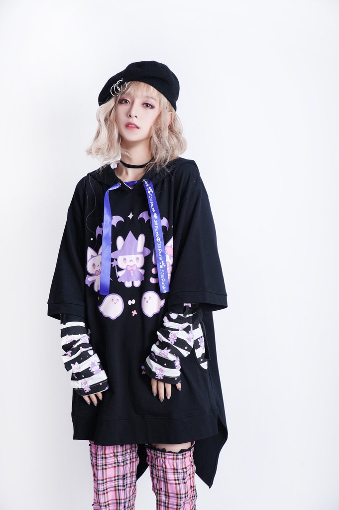 JillpunkオリジナルKERA ハロウィン子猫の魔女ウィッチフードアームカバー付き七分袖燕尾ゆったりパーカー メンズ レディー V系 可愛いおしゃれ大きいサイズ男女兼用ファッション秋葉系萌え二次コンHALLOWEEN