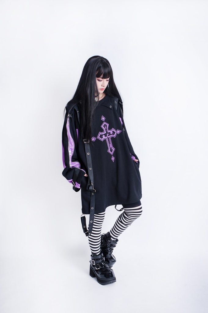 JillpunkオリジナルKERA ていらコラボ零時の協会グラデーション十字架星柄箔プリント装着帯猫耳ゆったりパーカー メンズ レディー V系 おしゃれ大きいサイズ男女兼用ファッション秋葉系萌え二次コン