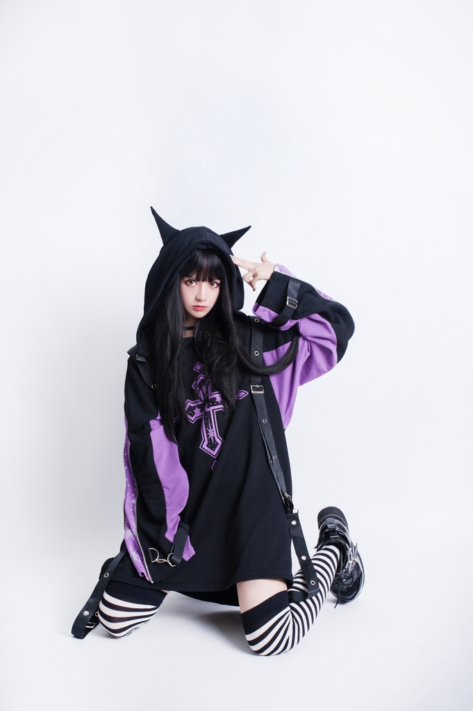 JillpunkオリジナルKERA ていらコラボ零時の協会グラデーション十字架星柄箔プリント装着帯猫耳ゆったりパーカー メンズ レディー V系 おしゃれ大きいサイズ男女兼用ファッション秋葉系萌え二次コン
