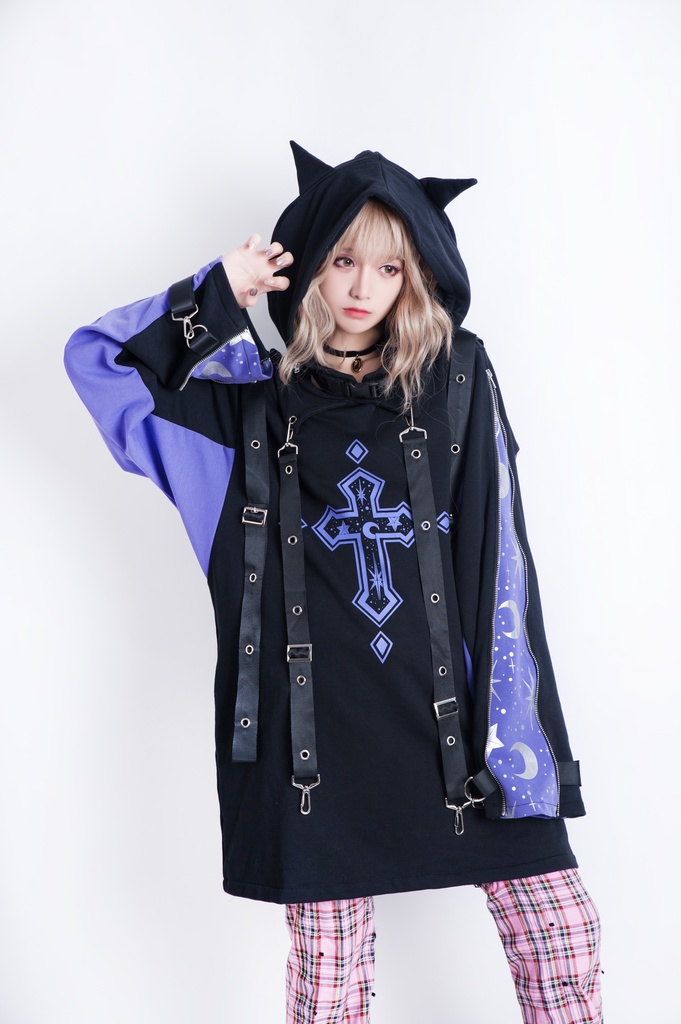 JillpunkオリジナルKERA ていらコラボ零時の協会グラデーション十字架星柄箔プリント装着帯猫耳ゆったりパーカー メンズ レディー V系 おしゃれ大きいサイズ男女兼用ファッション秋葉系萌え二次コン